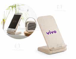 Suporte para celular com carregador wireless em fibra de palha de trigo e ABS. Com uma potência de carregamento rápida de 10W Incluso cabo de carregamento micro USB de 1 m.