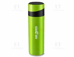 Garrafa em aço inox parede dupla 400 ml, conserva a temperatura quente ou fria, com apoio para celular na tampa.