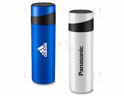 Garrafa em aço inox parede dupla 400 ml, conserva a temperatura quente ou fria, com apoio para celular na tampa.