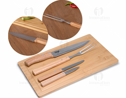 Kit churrasco, contendo: 5 peças
Tábua
Garfo trinchante
Faca para carne 
Faca para churrasco
Faca para vegetais
Obs.:Os componentes de madeira e bambu poderão apresentar tonalidades diferente.