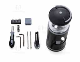 Lanterna led com Kit Ferramentas, contendo:
1 Trena de 1 metro;
1 Estilete;
3 Pontas de chave de fenda;
2 Pontas de chave philips;
1 Cabo emborrachado para encaixar ponta de chave de fenda e philips;
1 Mini chave de fenda;
1 Mini chave philips;
2 Chaves hexagonal em L;
2 Soquetes de chave hexagonal;
1 Extensor para soquete de chave hexagonal.
