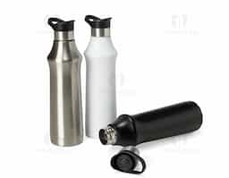 Garrafa térmica 500ml em inox. Tampa plástica com alça para transporte e botão de acionamento basta um clique para abrir ou fechar