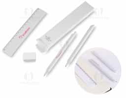 Kit escritório prático e funcional, composto por caneta retrátil, lapiseira retrátil, régua de 15 cm e borracha. Produzido em material antibacteriano, oferece mais segurança no uso diário. Uma excelente opção de brinde corporativo, ideal para ambientes de estudo e trabalho, unindo utilidade e cuidado com a higiene.