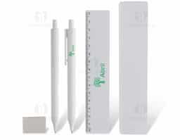 Kit escritório prático e funcional, composto por caneta retrátil, lapiseira retrátil, régua de 15 cm e borracha. Produzido em material antibacteriano, oferece mais segurança no uso diário. Uma excelente opção de brinde corporativo, ideal para ambientes de estudo e trabalho, unindo utilidade e cuidado com a higiene.