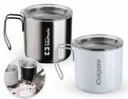 Caneca 350 ml parede dupla em Inox, com pegador de inox, contém tampa transparente com compartimento para beber.