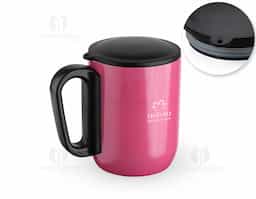 Caneca 250 ml parede dupla em Inox, com pegador de plástico, contém tampa plástica para vedação e base com EVA antiderrapante.