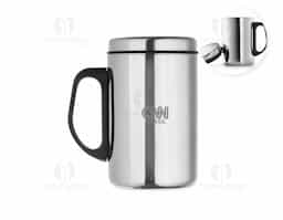 Caneca de 350ml inox com parede dupla, possui tampa com vedação e pegador plástico