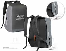Mochila para notebook em 900D de alta densidade e tarpaulin. Sistema antirroubo: compartimento principal com zíper oculto e parte posterior com 2 bolsos ocultos com zíper, para maior segurança. Compartimento principal forrado e almofadado, com 2 divisórias almofadadas para notebook até 15.6'' e tablet 10.5''.