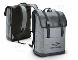 Mochila para notebook em 600D de alta densidade e tarpaulin com 2 compartimentos. Compartimento posterior forrado, com diversos bolsos interiores e 2 divisórias almofadadas para notebook até 17'' e tablet 10.5''. Compartimento frontal forrado