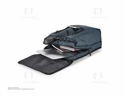 Mochila para notebook em 600D de alta densidade e tarpaulin com 2 compartimentos. Compartimento posterior forrado, com diversos bolsos interiores e 2 divisórias almofadadas para notebook até 17'' e tablet 10.5''. Compartimento frontal forrado