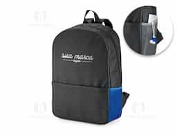 Mochila para notebook em 600D. Compartimento com divisória almofadada para notebook até 15.6''. Bolso lateral em tela e bolso frontal. Parte posterior e alças almofadadas.