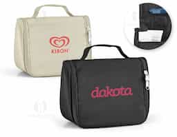 Necessaire em microfibra com vários bolsos interiores e gancho de pendurar.