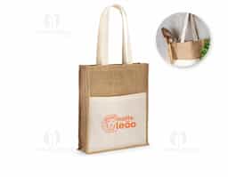 Sacola em juta (240 g/m²) com alças de 65 cm e um bolso frontal 100% algodão  medidas 370 x 410 x 100 mm