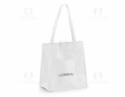 Sacola térmica em non-woven (80 g/m²) com fechamento em velcro e bolso frontal. Capacidade até 10 litros. 320 x 350 x 170 mm