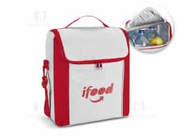 Bolsa térmica em 600D com ziper duplo, alça ajustável em webbing e bolso frontal. A bolsa tem capacidade até 12 L. 290 x 340 x 190 mm