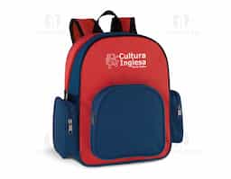 Mochila em 600D com bolso frontal e bolsos laterais com zíper. 240 x 320 x 120 mm