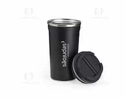 Copo térmico de inox 500ml com parede dupla, parte inferior com borracha antideslizante e tampa rosqueável com abertura de bocal.