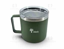 Caneca térmica de inox 450ml com parede dupla e tampa com acesso ao bocal.