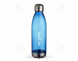 Squeeze plástico 700ml formato garrafa. Corpo transparente colorido, possui tampa e base em alumínio.