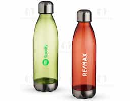 Squeeze plástico 700ml formato garrafa. Corpo transparente colorido, possui tampa e base em alumínio.