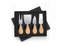 Kit queijo 4 peças em estojo de papelão com berço de espuma, contém: faca com ponta, faca reta, garfo e espátula