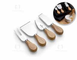 Kit queijo 4 peças em estojo de papelão com berço de espuma, contém: faca com ponta, faca reta, garfo e espátula