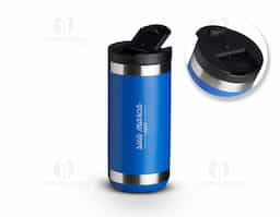 Copo térmico de inox, feito de parede dupla com capacidade para 350ml. Contém tampa plástica com bocal e trava de segurança.