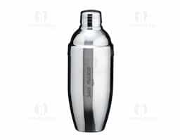 Coqueteleira de inox com capacidade para 750ml, contém tampa de pressão com peneira e tampa protetora.