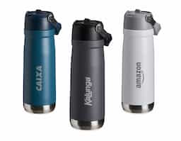 Garrafa térmica em inox de parede dupla, capacidade de 700ml. Tampa com alça de transporte, bico flip e canudo interno.