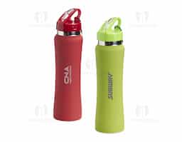 Squeeze de alumínio com capacidade de 750ml, tampa plástica com bico de canudo. Acompanha mosquetão.