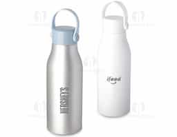 Garrafa em alumínio, tampa em plástico com alça na cor do produto. Capacidade de 550ml, pintura fosca.