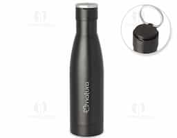 Garrafa térmica em aço inox isolada a vácuo com parede dupla, tampa de plástico com alça de transporte de aço inoxidável. Com capacidade de até 500ml.