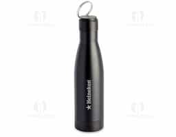Garrafa térmica em aço inox isolada a vácuo com parede dupla, tampa de plástico com alça de transporte de aço inoxidável. Com capacidade de até 500ml.