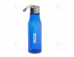 Garrafa plástica 600ml com tampa de alumínio e alça de nylon embutida.