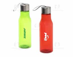 Garrafa plástica 600ml com tampa de alumínio e alça de nylon embutida.