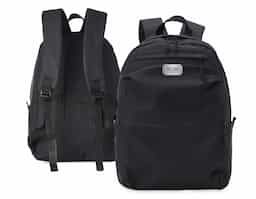Mochila de couro sintético impermeável de 30 litros com três compartimentos, sendo o principal com bolso para notebook 15,6. Com bolsos laterais e interior listrado, a mochila possui alça para encaixe em malas de viagem, alça de mão e alças para as costas com revestimento espumado. 