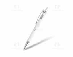 Caneta metálica touchscreen com acabamento similar à borracha e parte inferior texturizada, acionamento por clique e carga esferográfica azul 1.0mm.