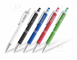 Caneta metálica touchscreen com acabamento similar à borracha e parte inferior texturizada, acionamento por clique e carga esferográfica azul 1.0mm.