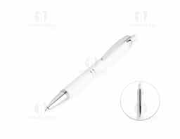 Caneta metálica touchscreen com acabamento similar à borracha e parte inferior texturizada, acionamento por clique e carga esferográfica azul 1.0mm.