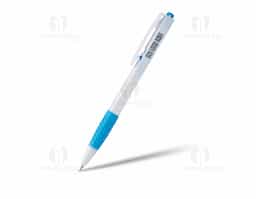 Caneta plástica com detalhe emborrachado e acionamento por clique, carga esferográfica azul 0.8mm.