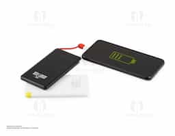 Carregador portátil plástico com 5.000mAh e indicador led de bateria. Possui entrada V8, acompanha cabo USB, adaptador lightning e adaptador tipo-C