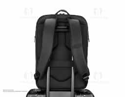 Mochila premium adequada para viagens de negócios, feita de tecido de poliéster resistente à água e ao desgaste, alças de ombro acolchoadas, aceita notebook de até 15,6", engate para mala de viagem, com dois bolsos nas laterais.
