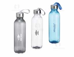 Garrafa PET 650ml com tampa de alumínio e alça para transporte embutida.