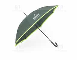 Guarda-chuva manual de poliéster com estrutura em aço e 8 varetas em fibra de vidro, possui pegador plástico com botão de acionamento.
