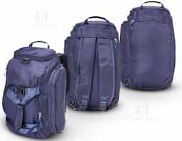 Bolsa esportiva de 25 litros em poliéster de impacto impermeável com cinco compartimentos, sendo três deles exclusivos para tênis, itens molhados e armazenamento das alças de costas. Com alça transversal removível e alça de mãos com suporte de juntura, a bolsa contém alças de compensação e alças para as costas ocultas no compartimento inferior, podendo ser transportada como mochila.