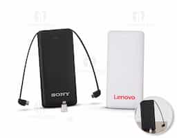 Power bank plástico de 10.000mAh com indicadores led de bateria e cabos acoplados: Tipo-C e V8. Acompanha cabo USB V8 e adaptador Lightning.