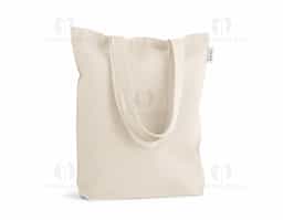 Sacola em algodão (220 g/ m²) composta por 50% algodão e 50% algodão reciclado, com alças de 60cm. 380 x 400 x 100 mm