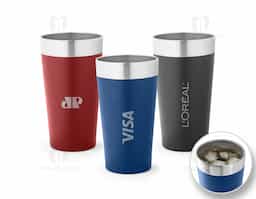Copo de viagem térmico em aço inox com parede dupla isolada a vácuo. Ideal para preservar as suas bebidas frias ou quentes. Capacidade até 540 mL
