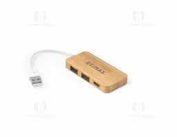 Hub em bambu com 2 portas USB-A e 1 porta USB-C. Permite transferência de dados