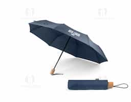 Guarda-chuva rPET 190T pongee, com varetas em fibra de vidro e pega em madeira. Guarda-chuva dobrável em 3 etapas, com abertura e fecho automático e à prova de vento. Fornecido em bolsa. Guarda-Chuva: ø990 x 285 mm